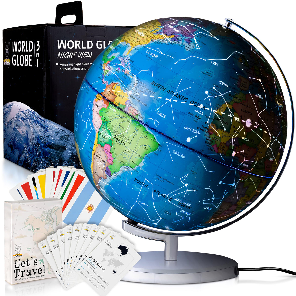 SMART WALLABY 9-inch illuminated globe on a desk, ideal for interactive geography lessons.