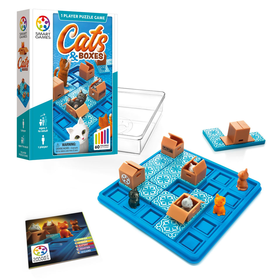 SmartGames Cats and Boxes puzzle board shows cats placements for logical thinking.