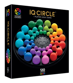SmartGames IQ Deluxe Circle cover shows 120 challenges to spark logical thinking.