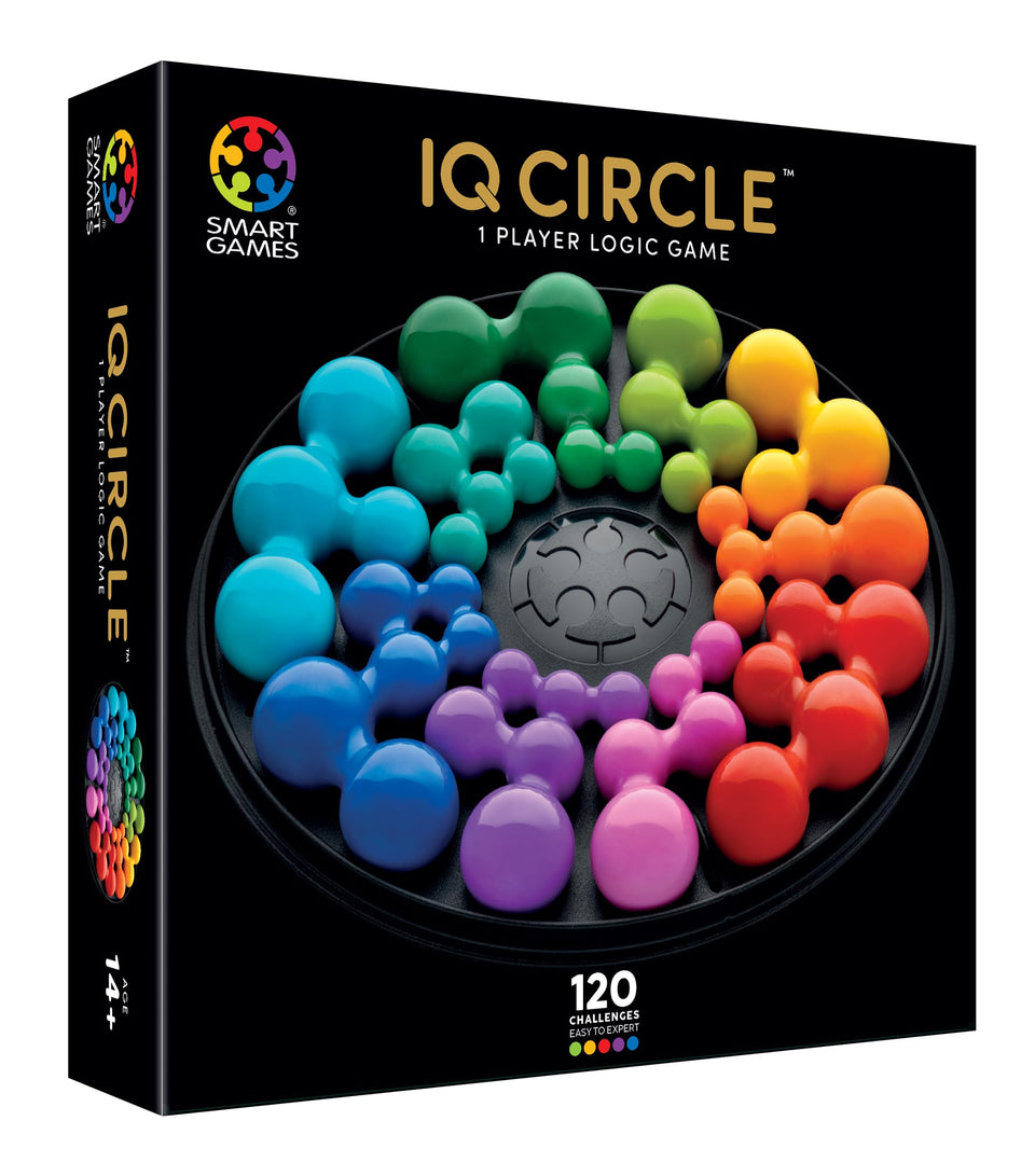 SmartGames IQ Deluxe Circle cover shows 120 challenges to spark logical thinking.