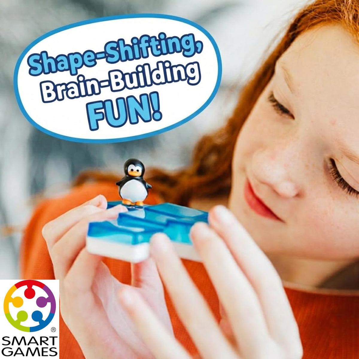SmartGames Penguins on Ice penguin pieces slide to sharpen problem solving.