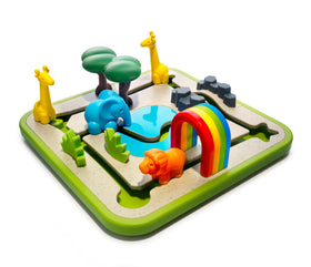 SmartGames Safari Park Jr. child playing with colorful pieces at a table.