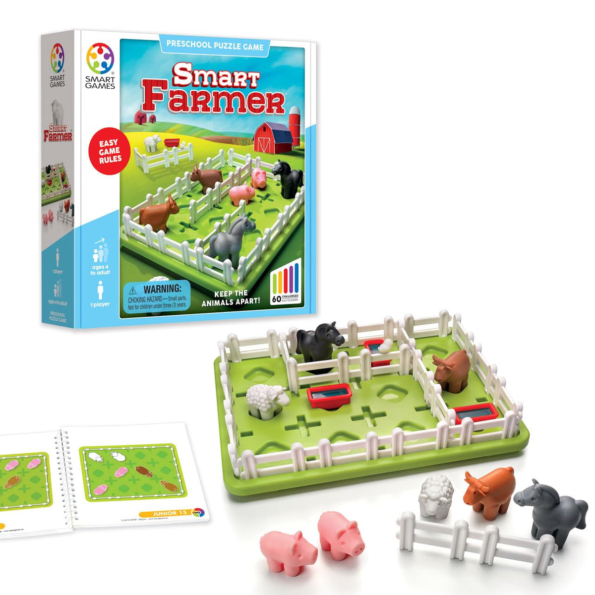 SmartGames Smart Farmer board and pieces boost logical thinking through barnyard puzzles.