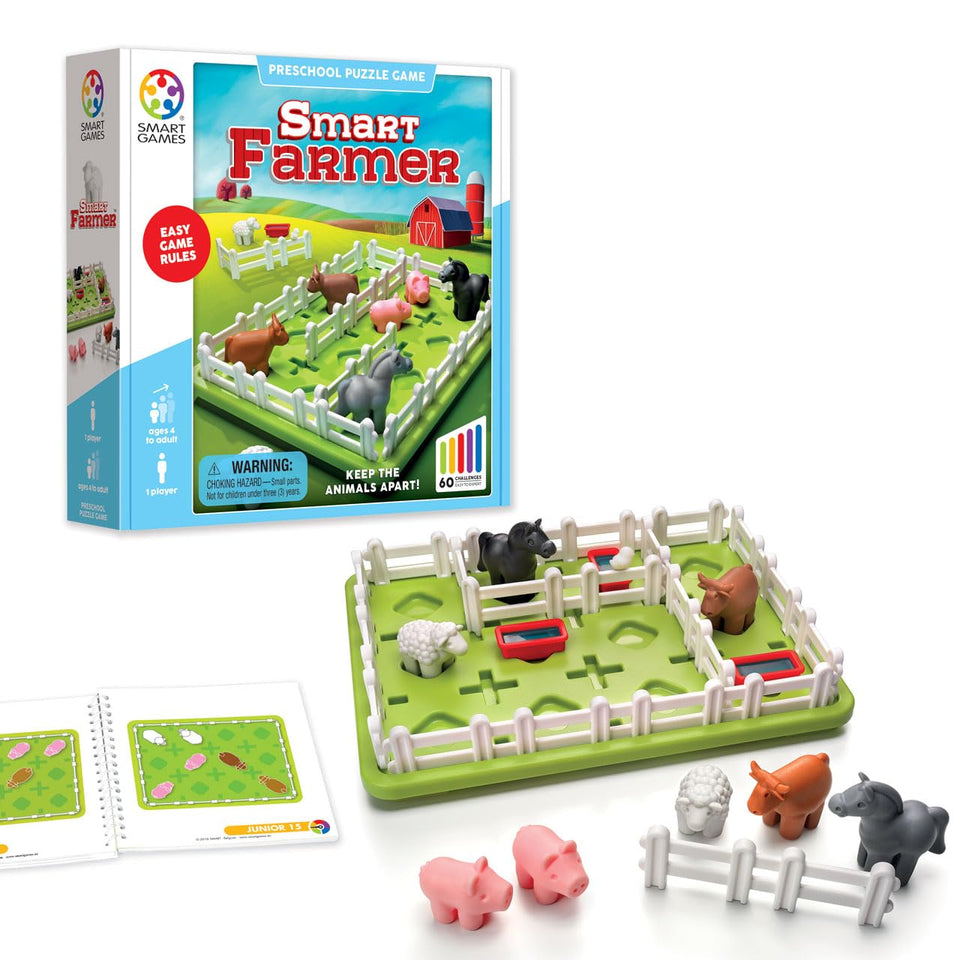 SmartGames Smart Farmer board and pieces boost logical thinking through barnyard puzzles.
