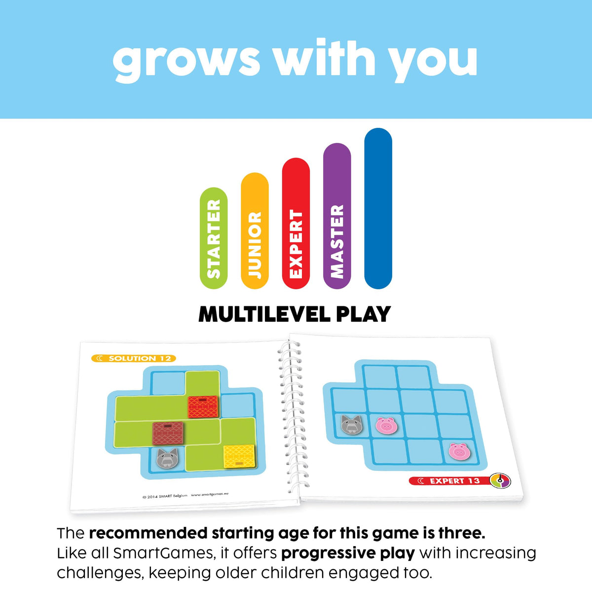 SmartGames Three Little Piggies in-action setup showing 48 challenges