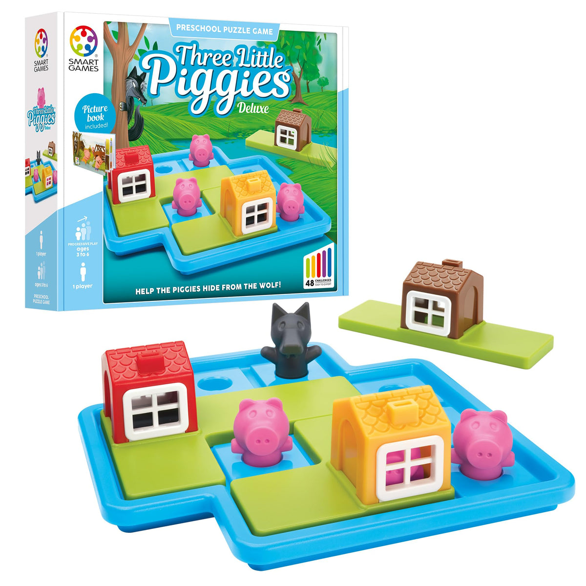 SmartGames Three Little Piggies cover with bright illustration inviting play