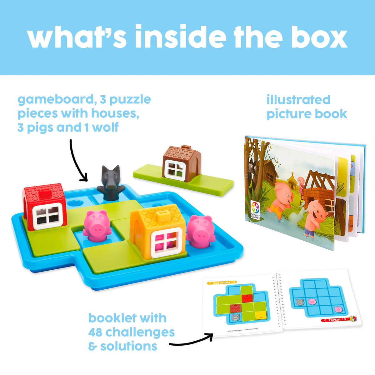 SmartGames Three Little Piggies houses and pieces laid out for spatial reasoning