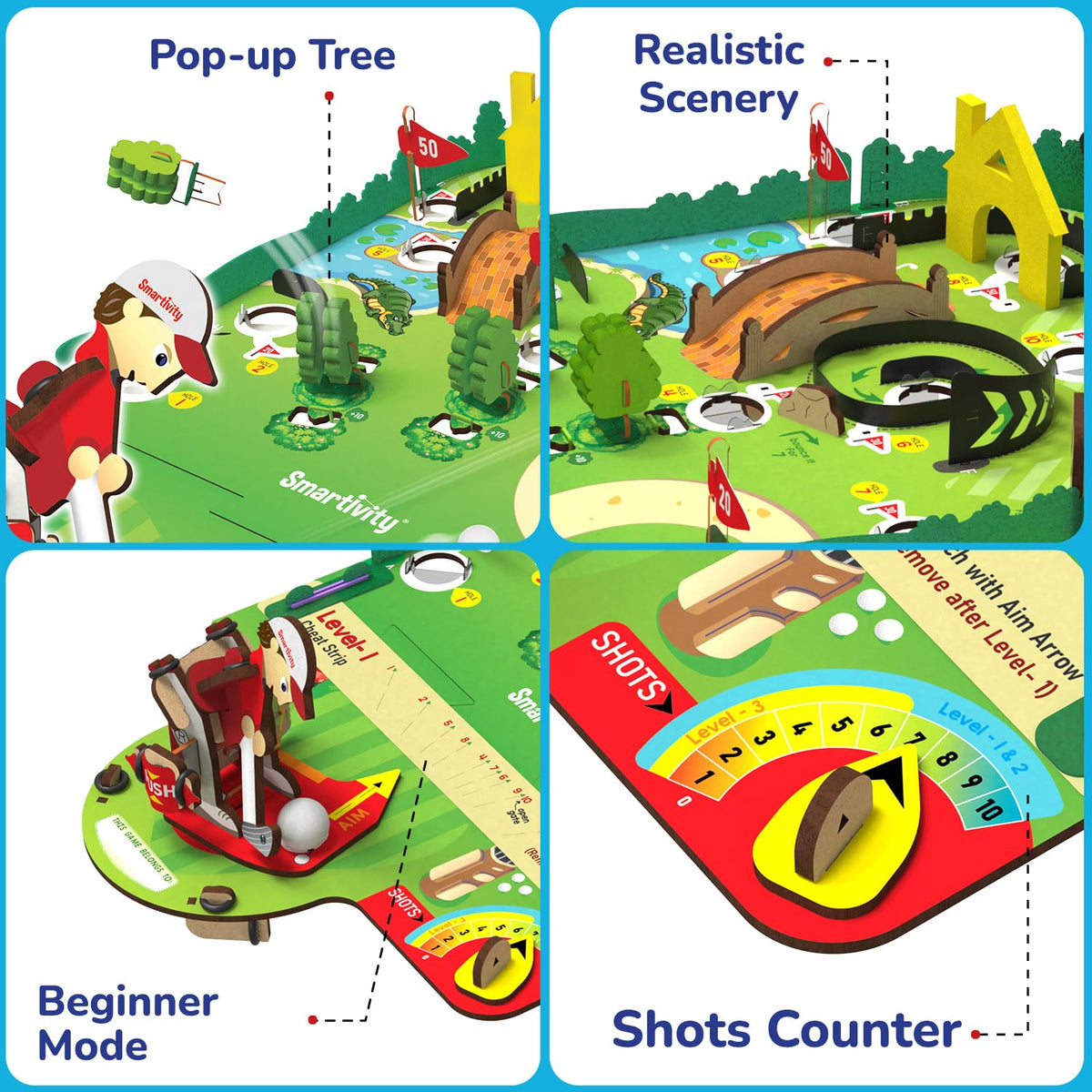 Kid playing Smartivity mini golf table top game in action