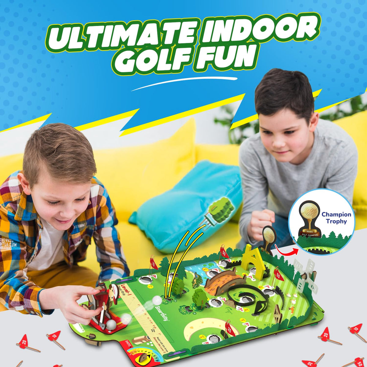 Child assembling Smartivity mini golf table top game, DIY setup