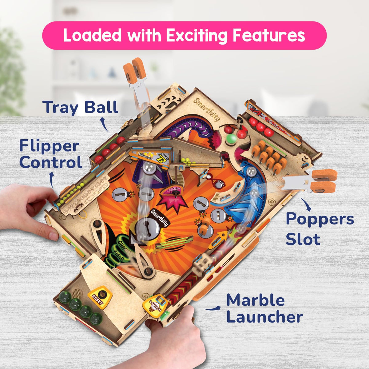 Smartivity Pinball Machine – internal mechanism with gears and levers for engaging STEM play.