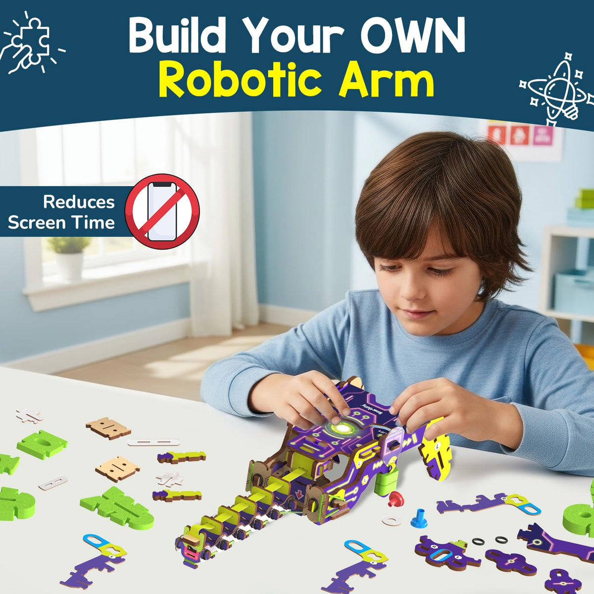 Smartivity robotic arm kit trigger control highlights two-step neck bending.