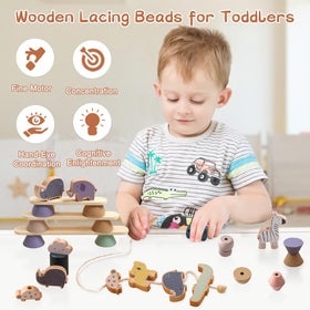 Smartwo colorful wooden pieces support hand-eye coordination through stacking and threading activities.