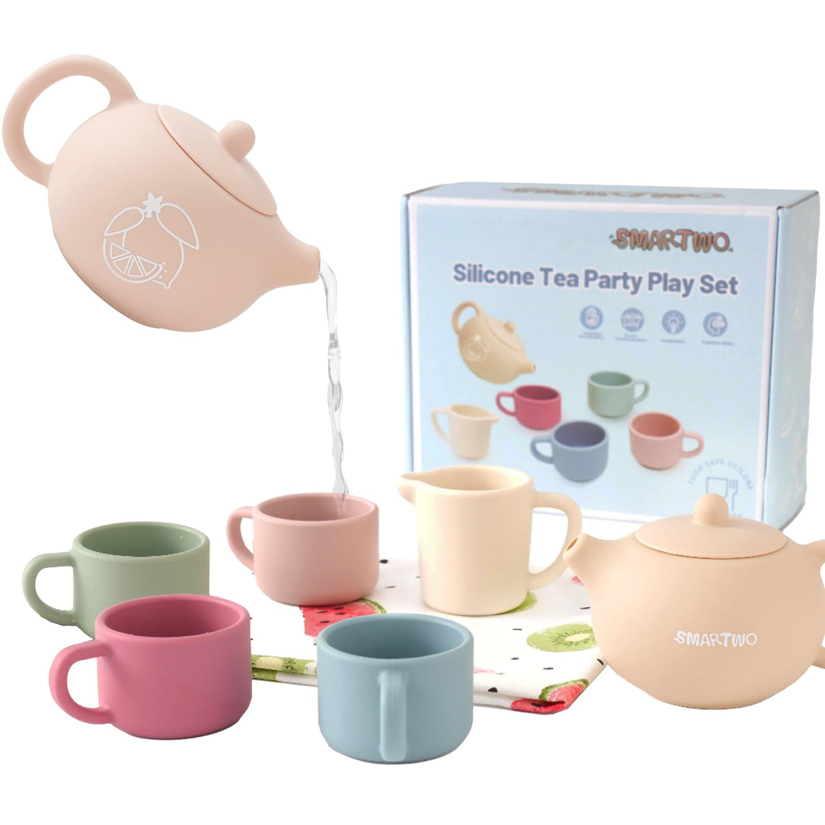 Smartwo silicone tea set for toddlers with removable lid, ideal for safe pretend tea parties