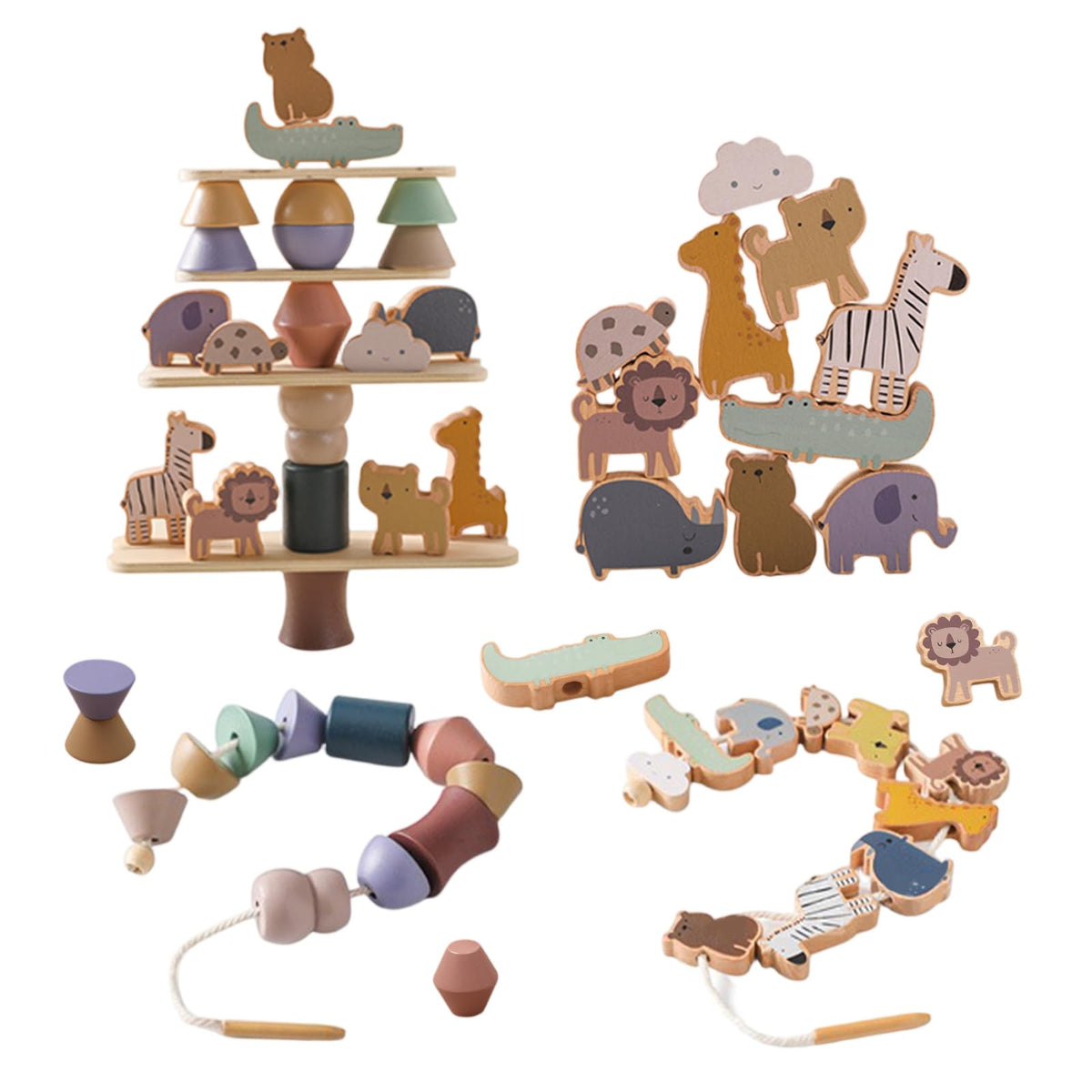Smartwo wooden animals threading toy with lacing beads for imaginative play and fine motor practice.