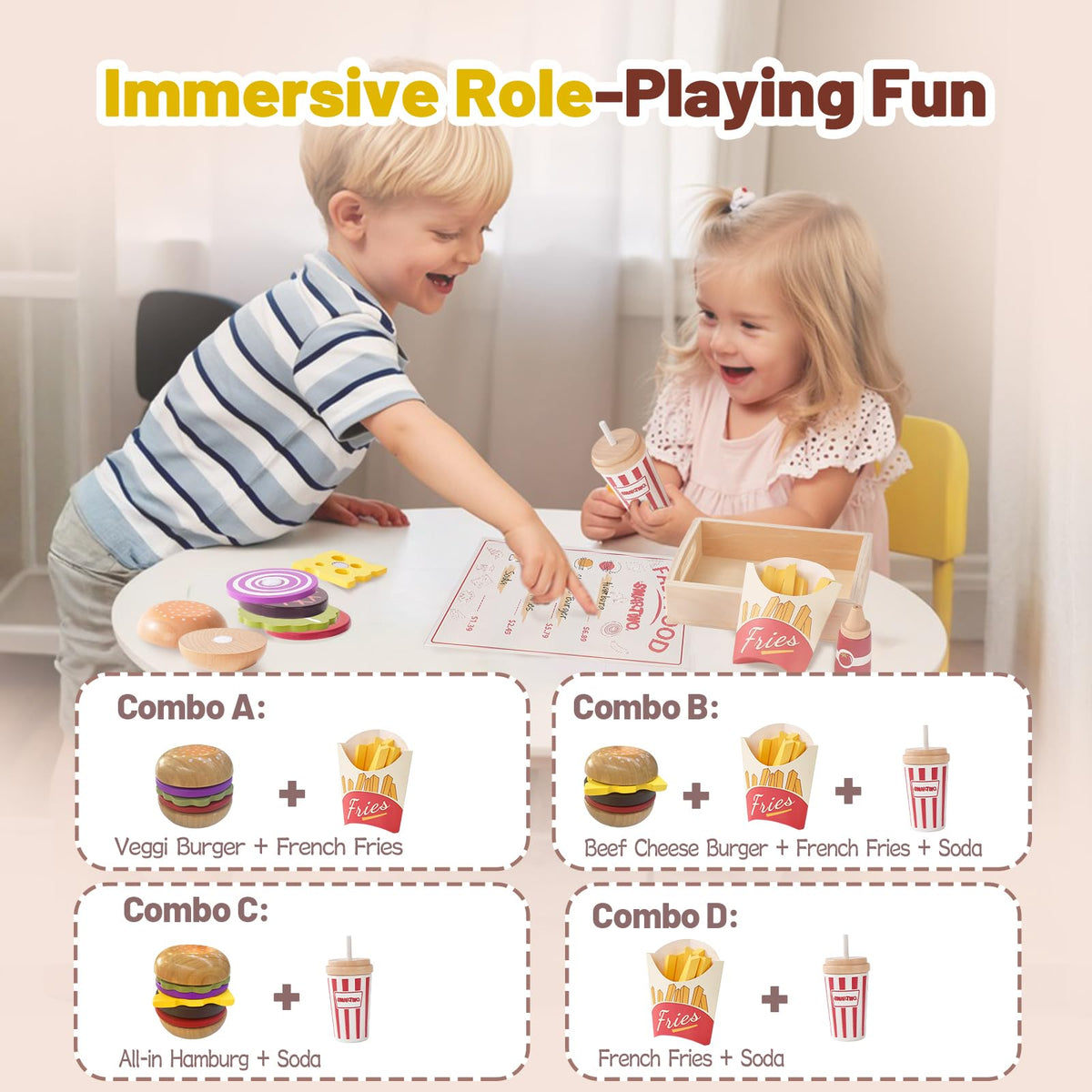 Smartwo wooden beef patty enhances custom burger building during play.