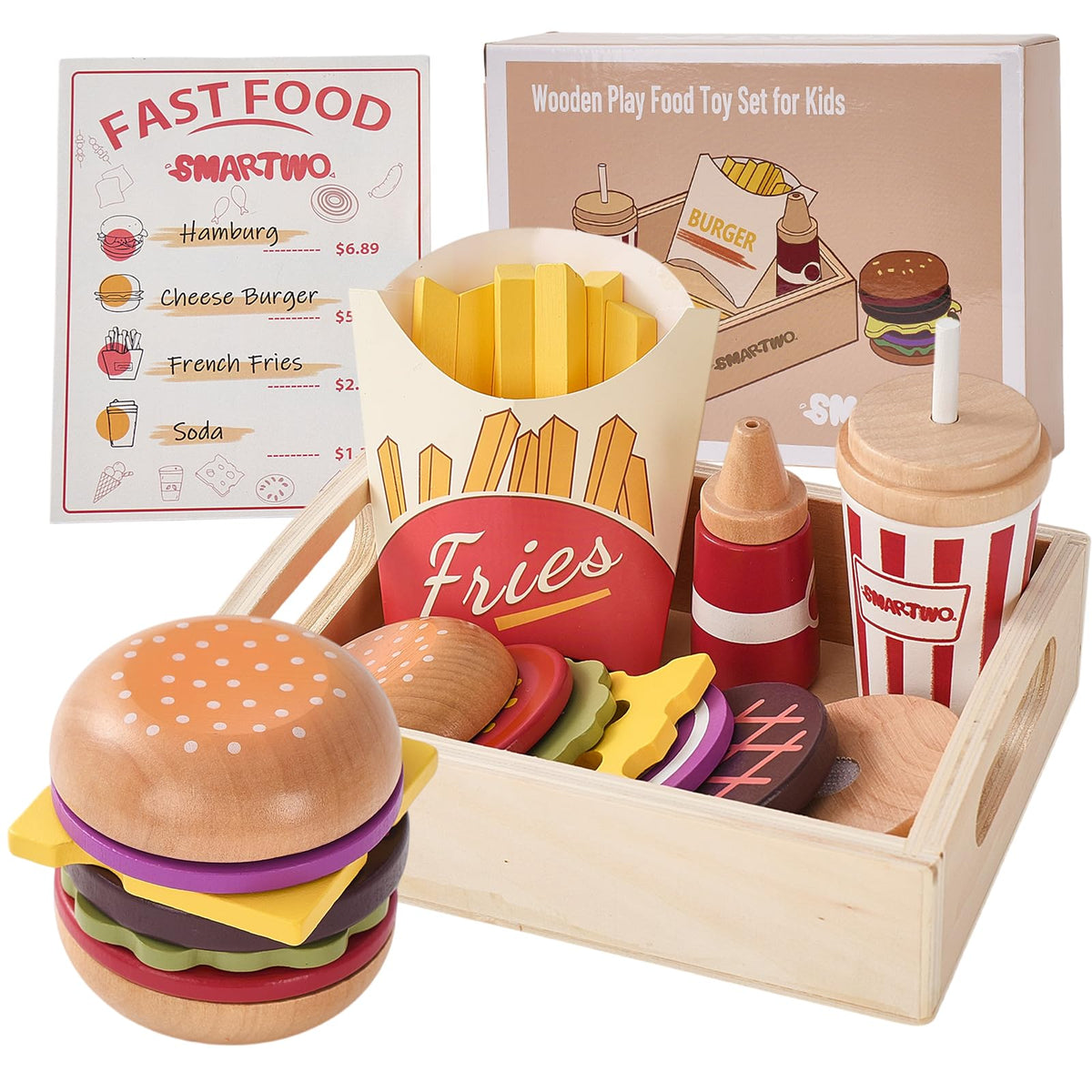 Smartwo wooden burger buns for durable pretend play and safe kitchen fun.