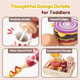 Smartwo wooden cheese slice supports stacking pretend burgers.
