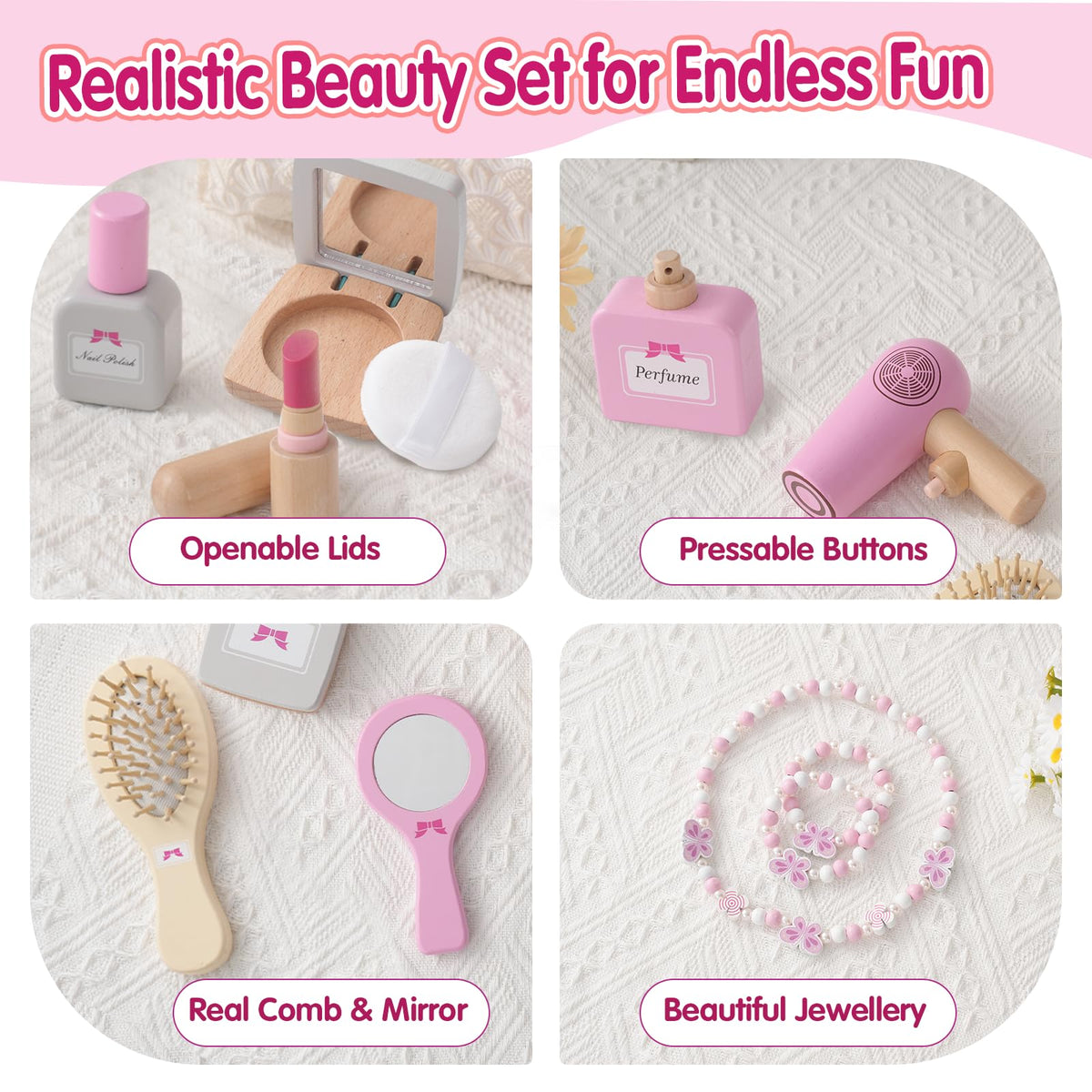 Smartwo wooden comb and mirror support tidy pretend salon sessions and organization