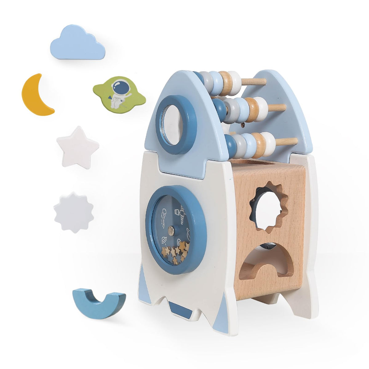 Smartwo wooden space toy rocket cube sparks early STEM play and tactile exploration.