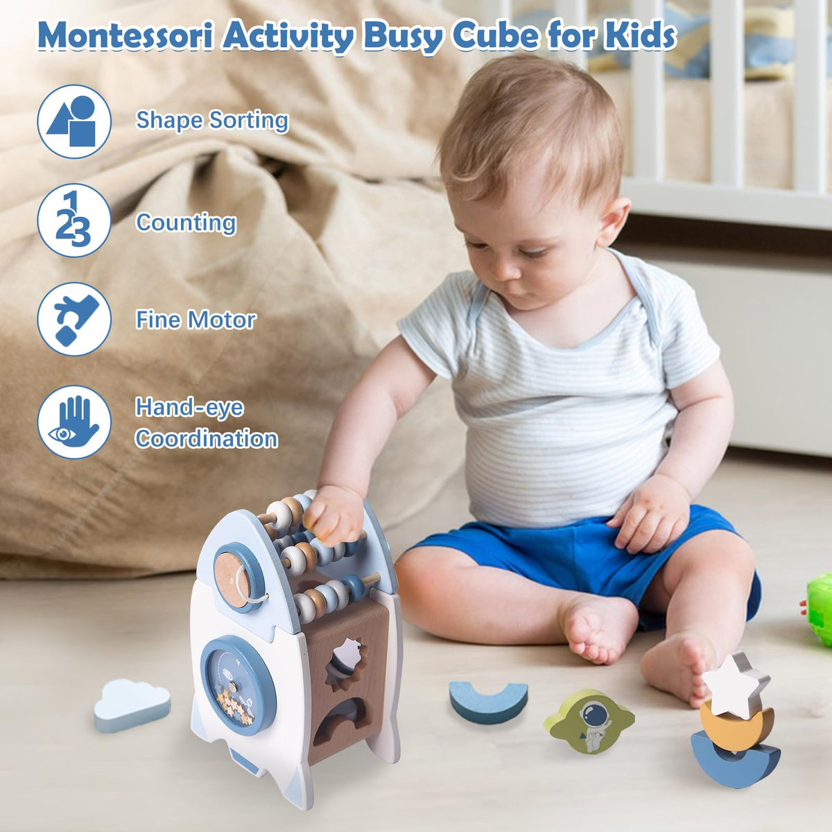 Smartwo wooden space toy rotating spinner improves visual tracking and dexterity.