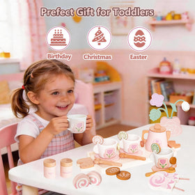 Smartwo wooden tea set cookies illustrate edible pretend treats for storytelling.
