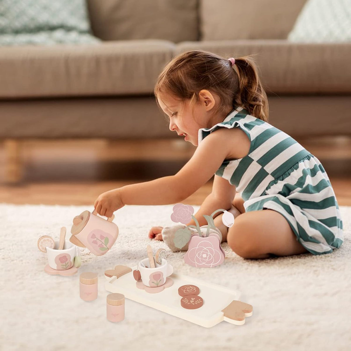 Smartwo wooden tea set flowers and vase finish the decorative tea party setup.
