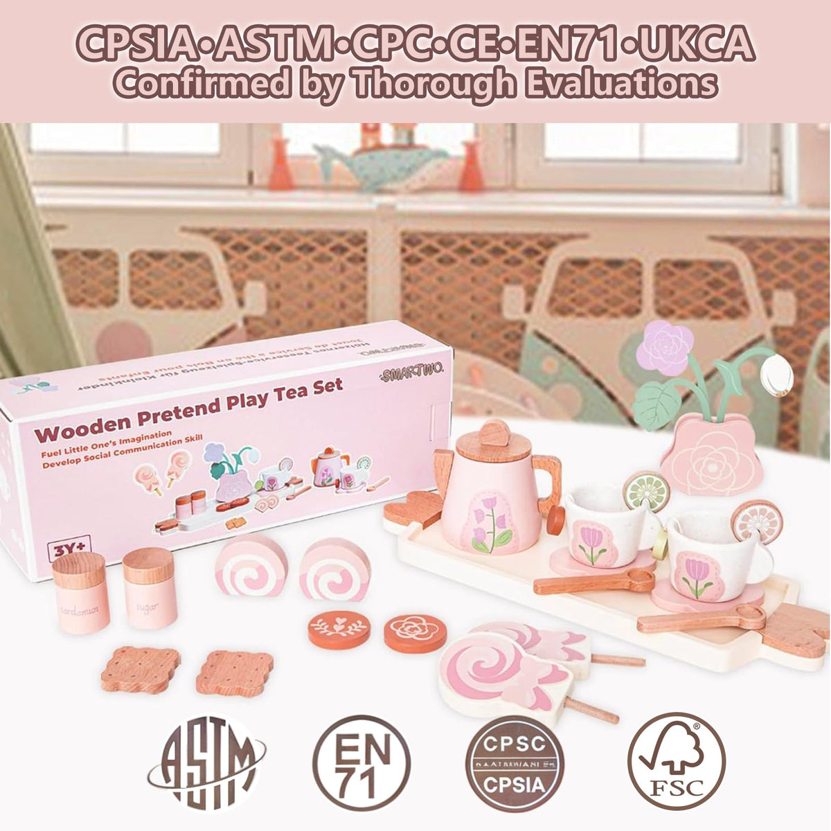 Smartwo wooden tea set spoons enable safe pouring and stirring during playtime.