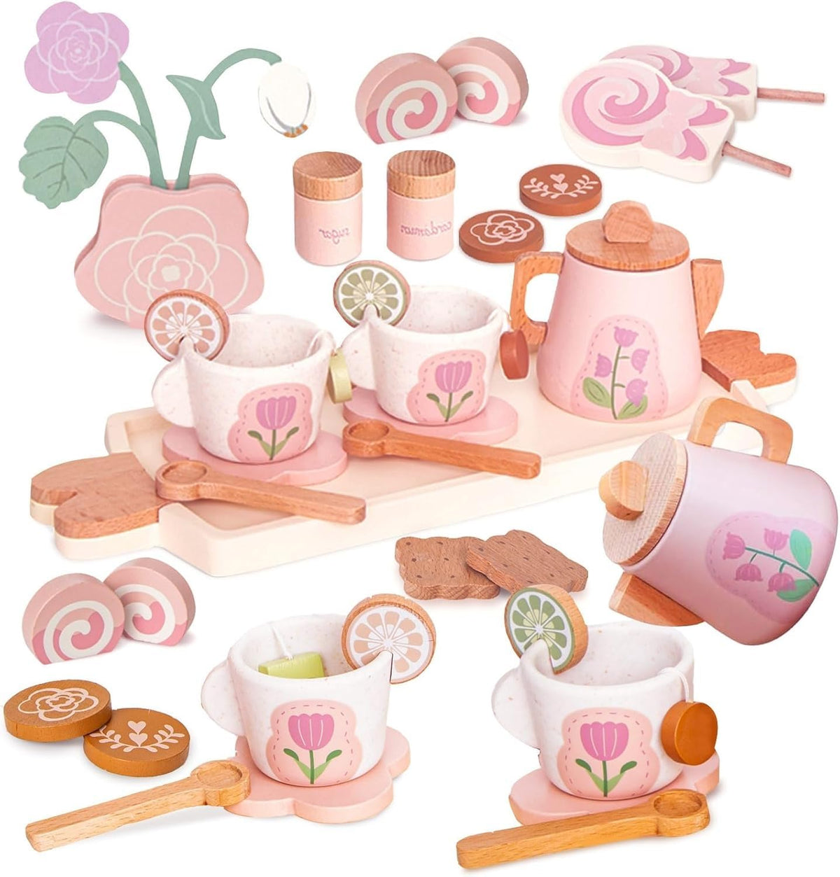 Smartwo wooden tea set teapot with pink accents encourages imaginative play and social interaction.