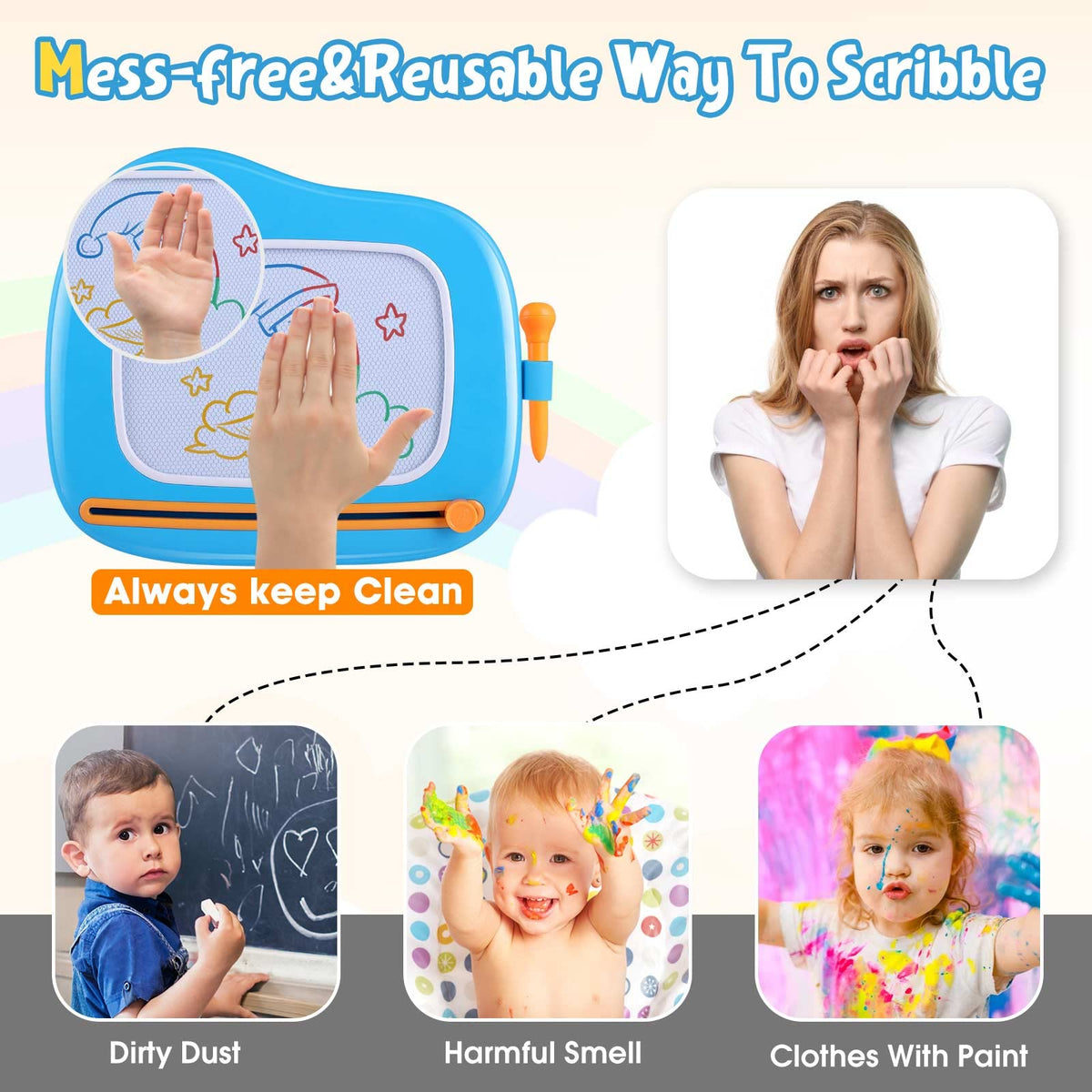 Smasiagon erasable sketch pad with 8.9 inch drawing area for repeat use.