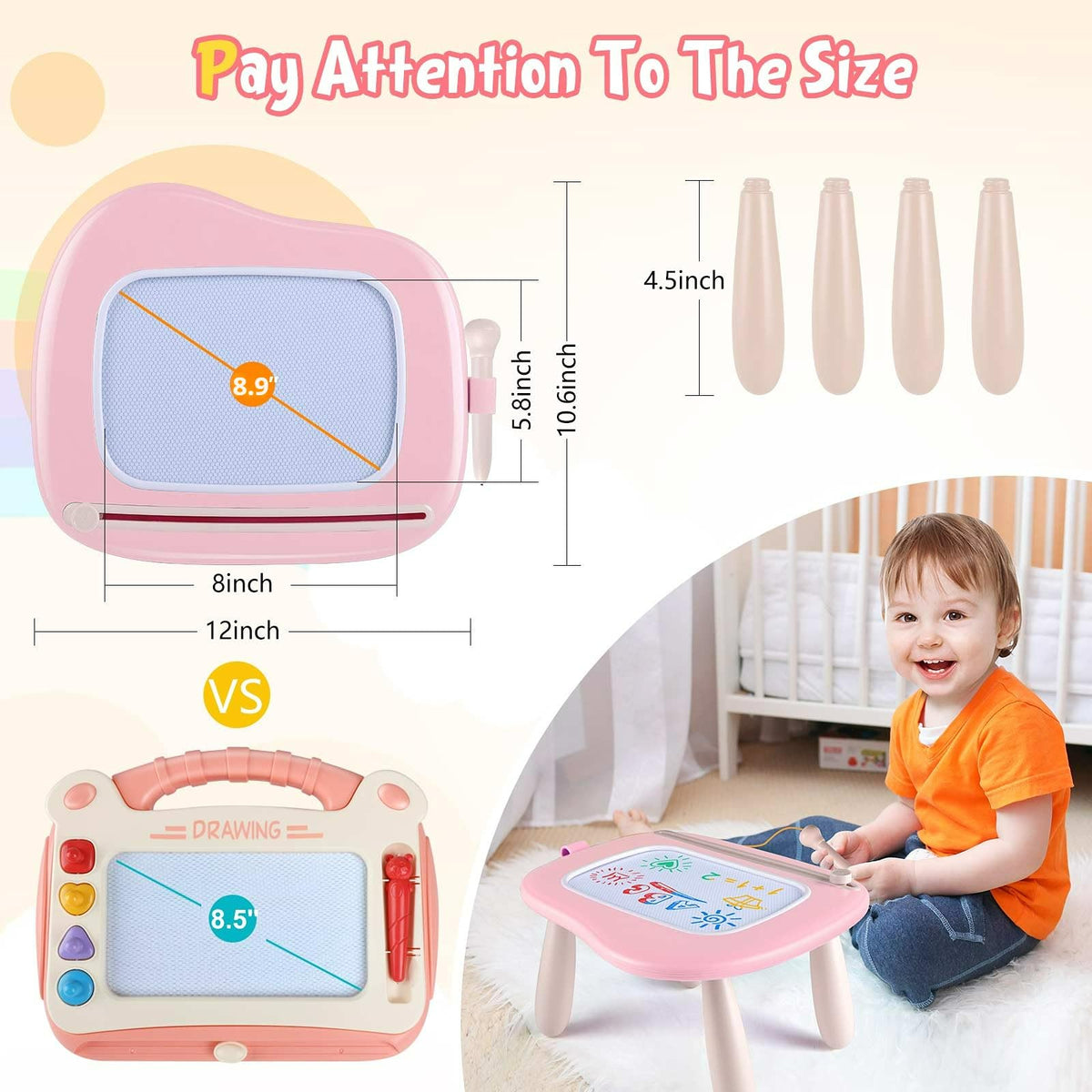 Smasiagon magnetic drawing board pink doodle area demonstrates four bright colors for vivid sketches.