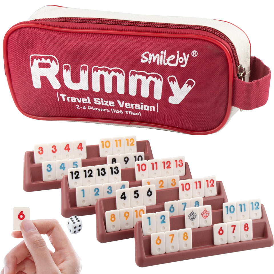 Smilejoy Mini Rummy Cube tiles set with 106 pieces for family game night.