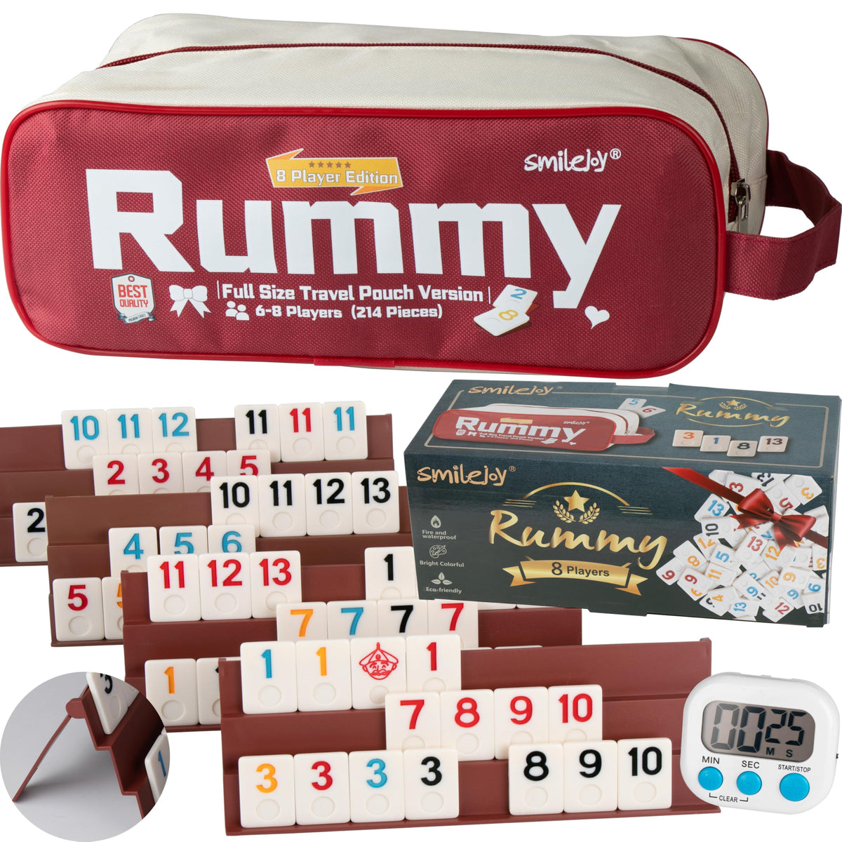Smilejoy Rummy Cube tiles ready for family game night with bright colors.