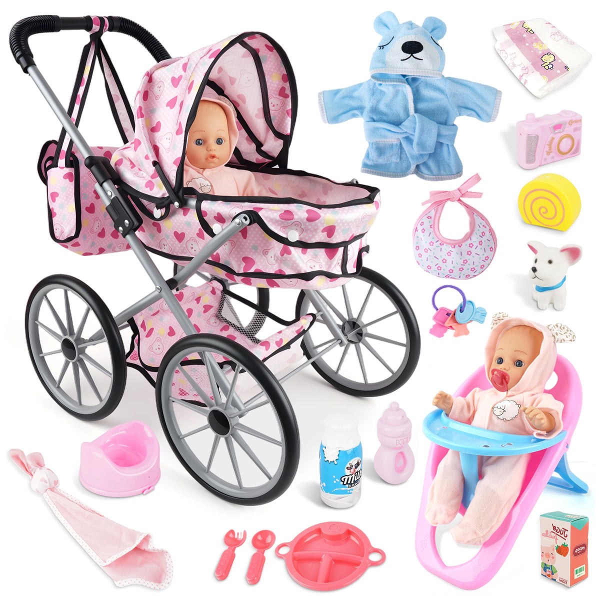 SMILESSKIDDO 12-inch soft-body doll in stroller for imagined strolls