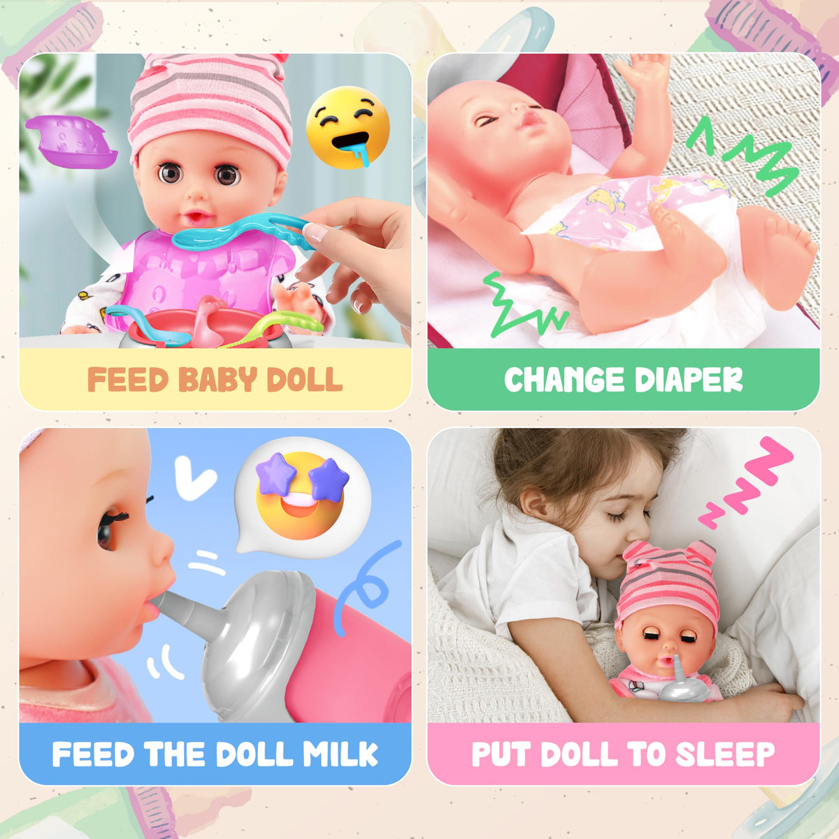 SMILESSKIDDO doll in sleeping basket ready for bedtime pretend play.