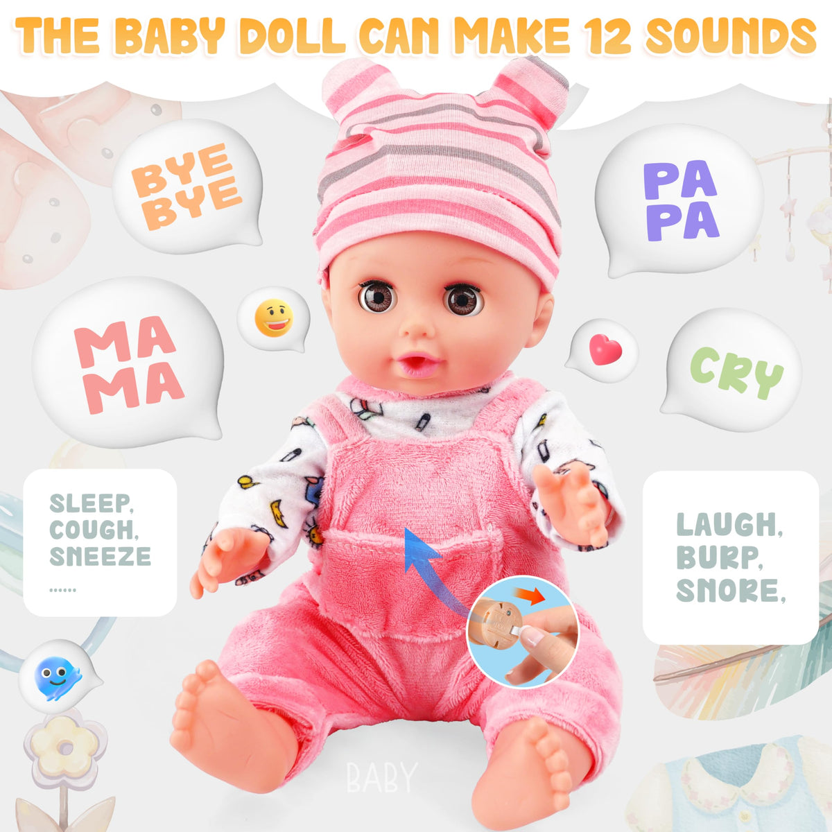 SMILESSKIDDO doll belly sounds enhance interactive pretend play.