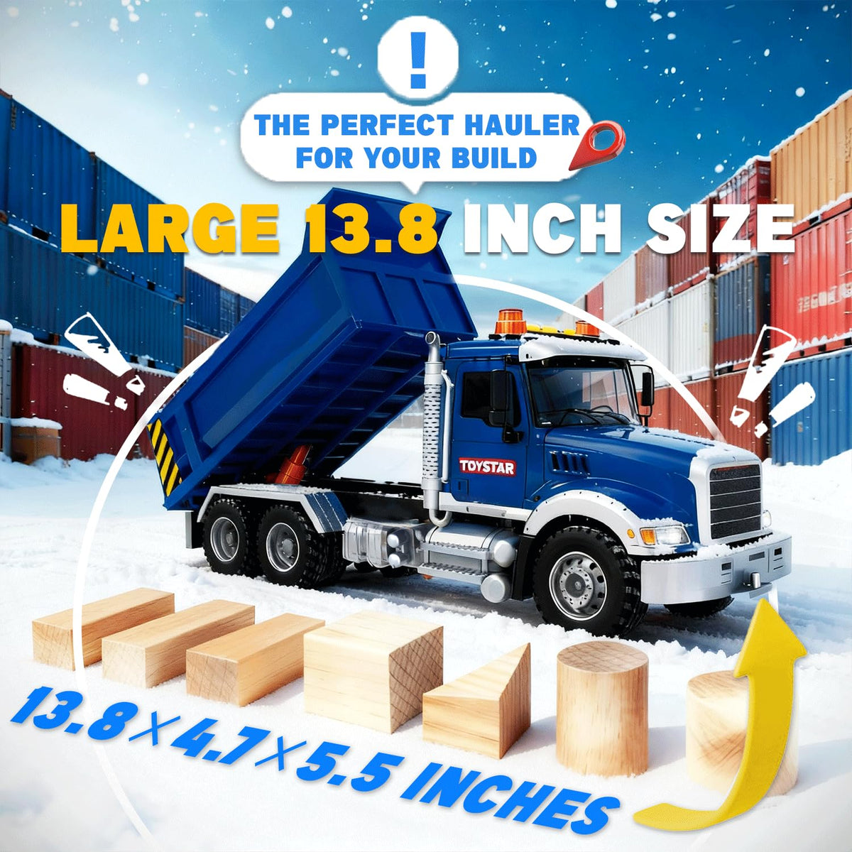 Smilesskiddo dump truck measures 13.8 by 4.7 by 5.5 inches
