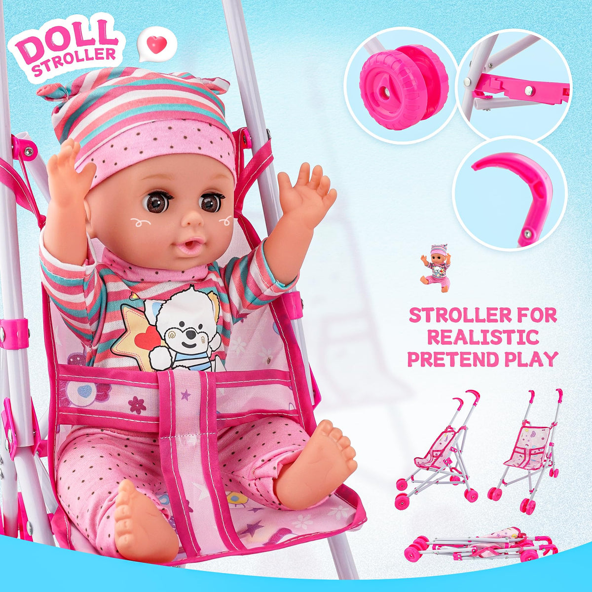 SMILESSKIDDO foldable stroller for compact storage during pretend play.