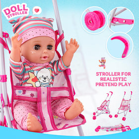 SMILESSKIDDO foldable stroller for compact storage during pretend play.