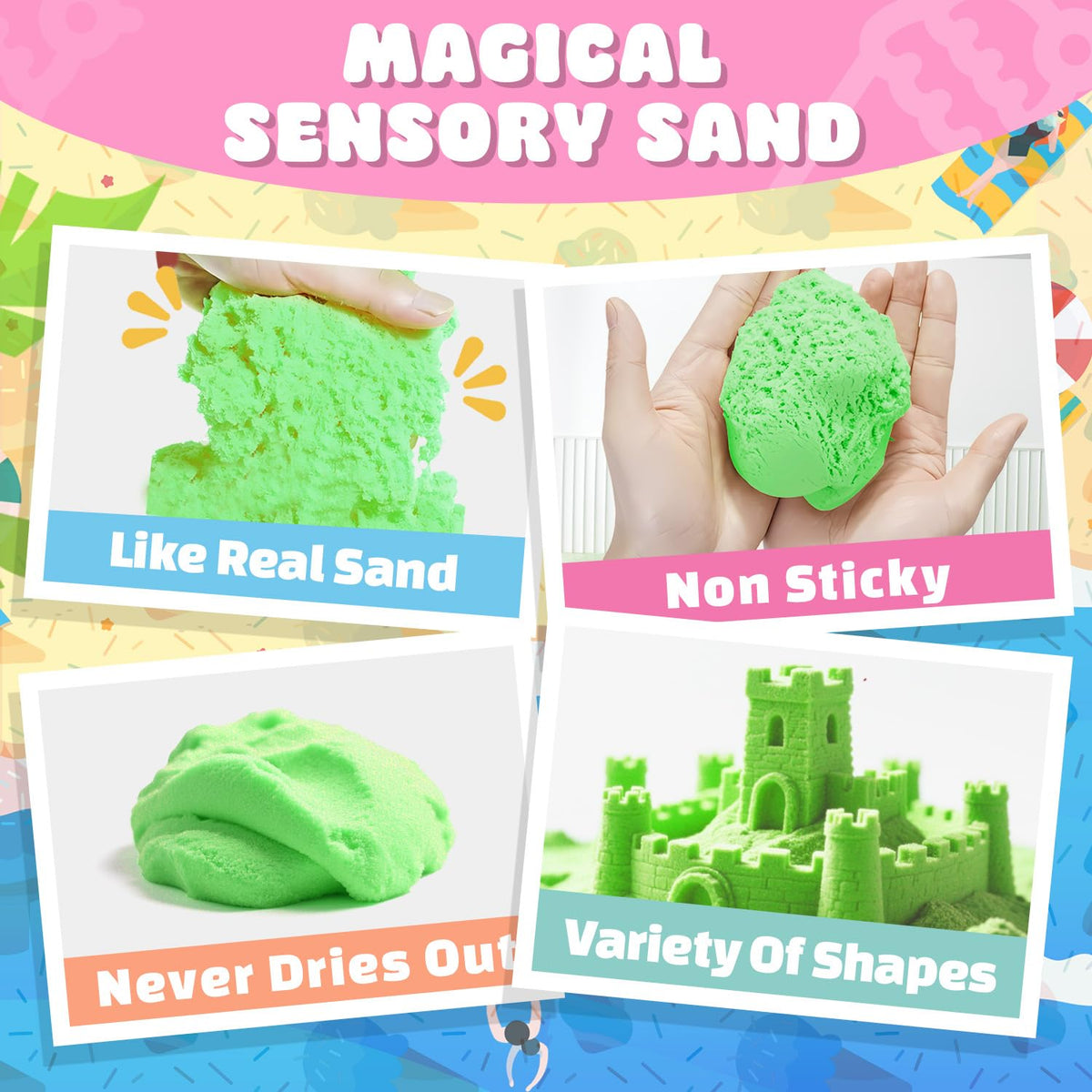 SMILESSKIDDO green and red magic sand promotes tactile exploration for kids.