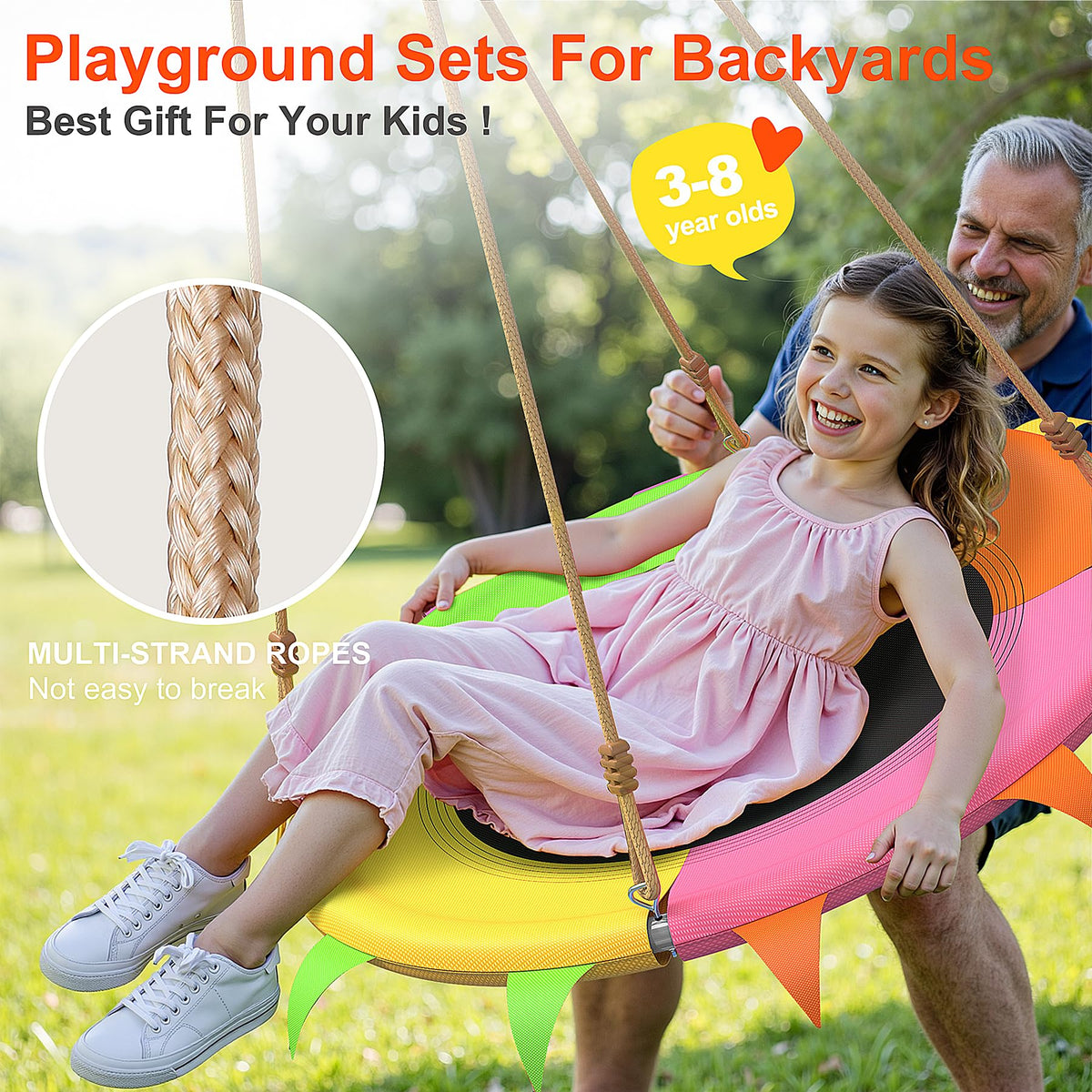 SMkidsport saucer swing colorful seating, engaging design for ages 3-8.