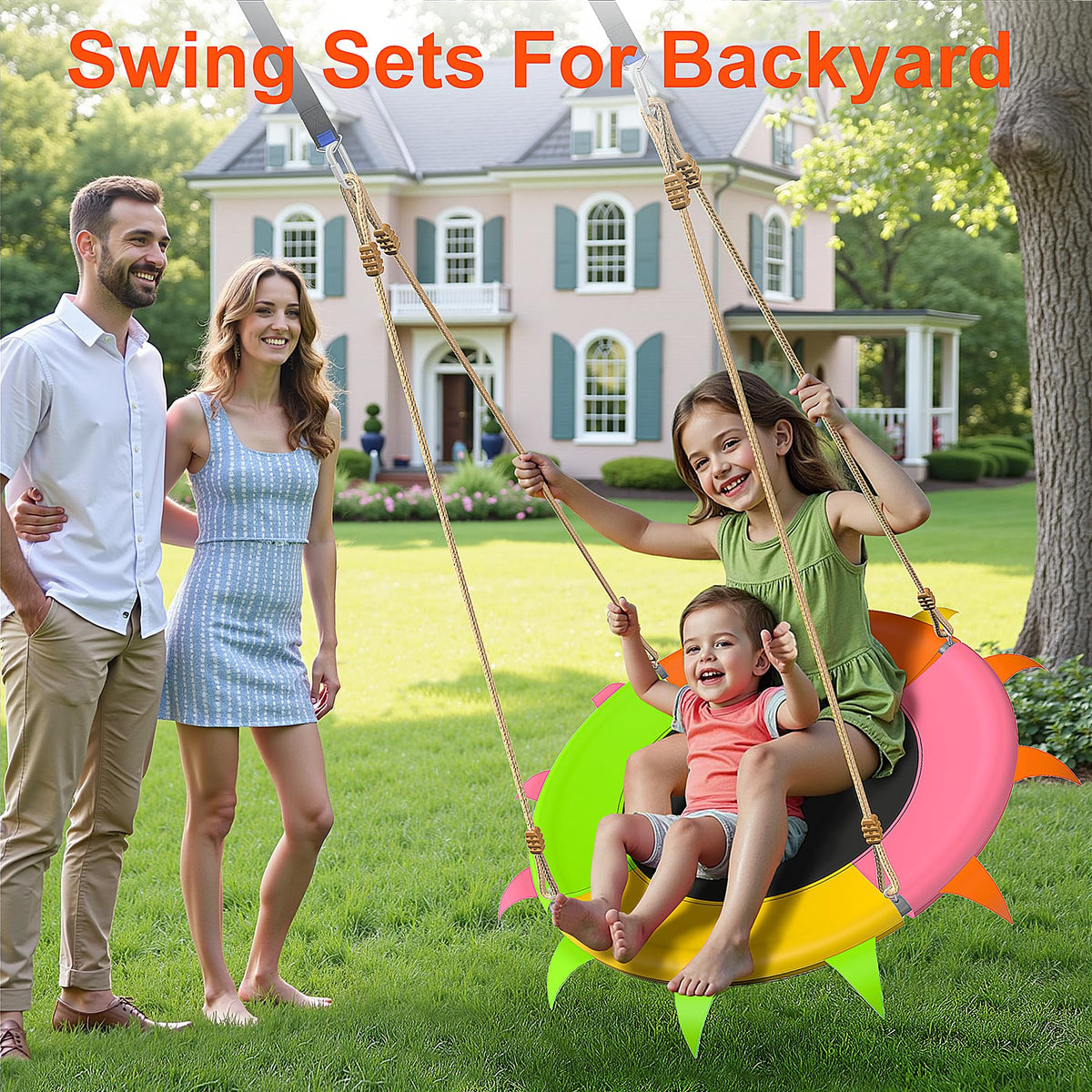 SMkidsport saucer swing with strap installation, quick setup on trees or playsets.