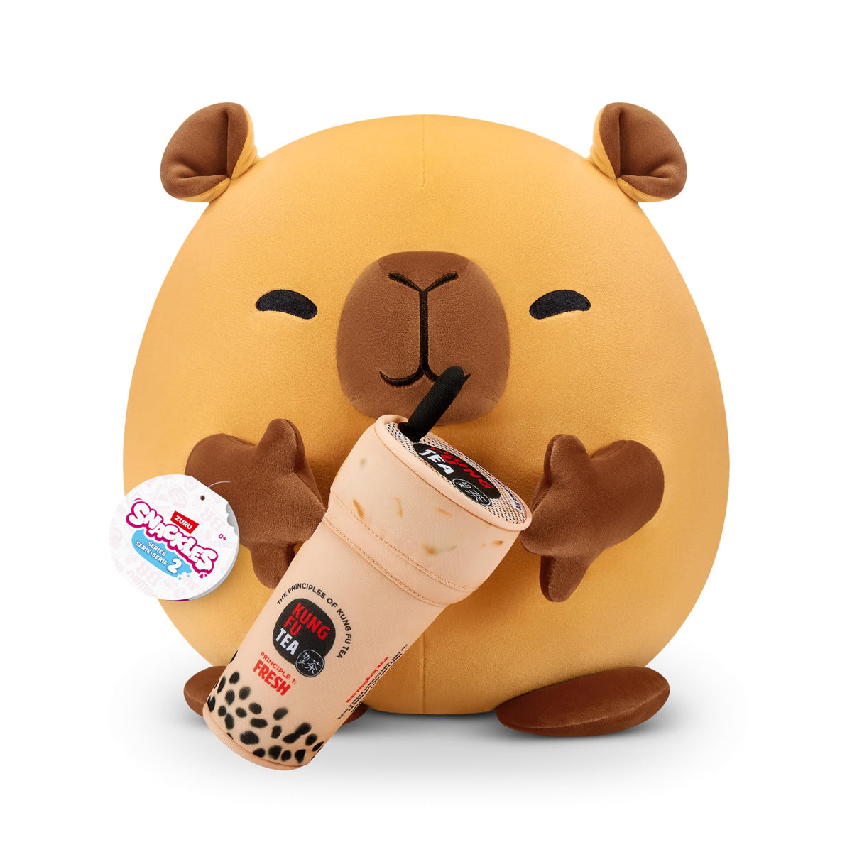 Snackles capybara boba plush in hand highlights 16 inch cuddly size