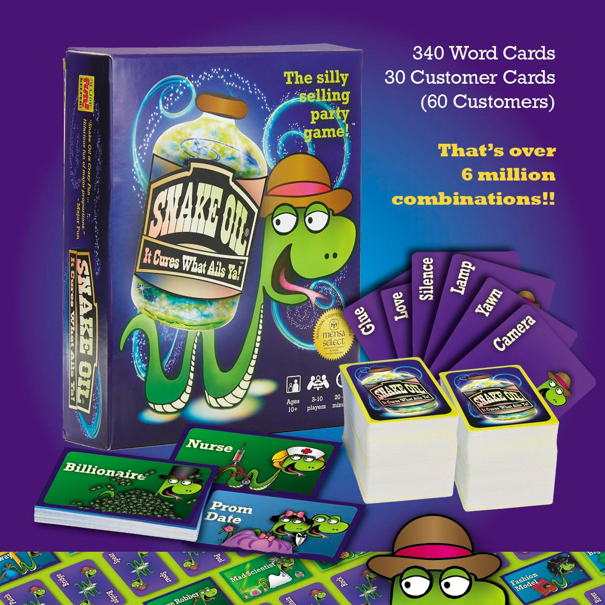 Snake Oil customer cards featuring quirky buyers spark round-ready social interactions.