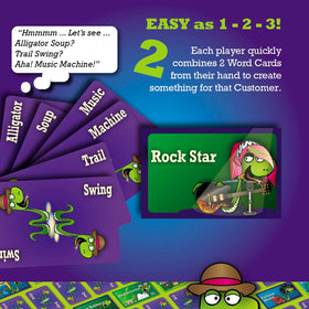 Snake Oil gameplay action shows two-word card combos creating zany products.