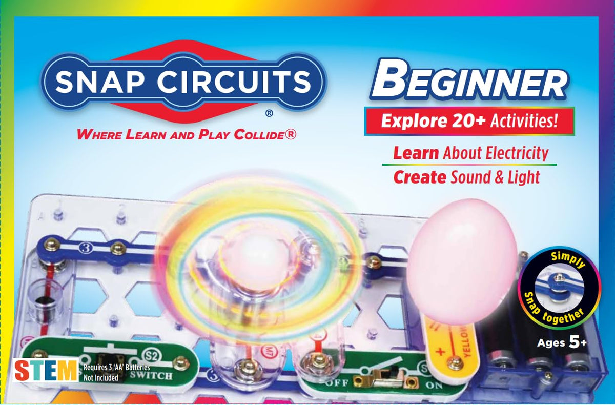 Snap Circuits Beginner kit parts shown for safe, hands-on electronics exploration.