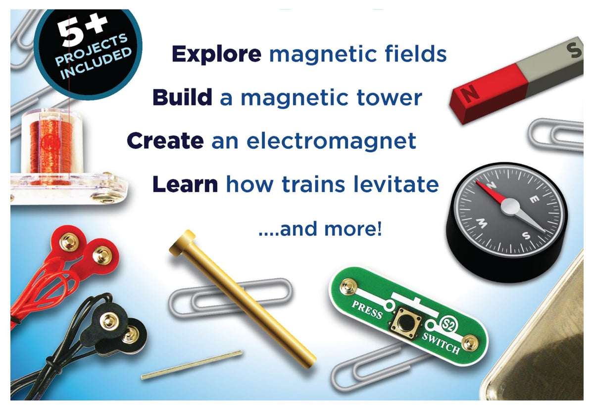 Snap Circuits Magnet Fun Lab electromagnet demo shows power and coil action.