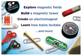 Snap Circuits Magnet Fun Lab electromagnet demo shows power and coil action.