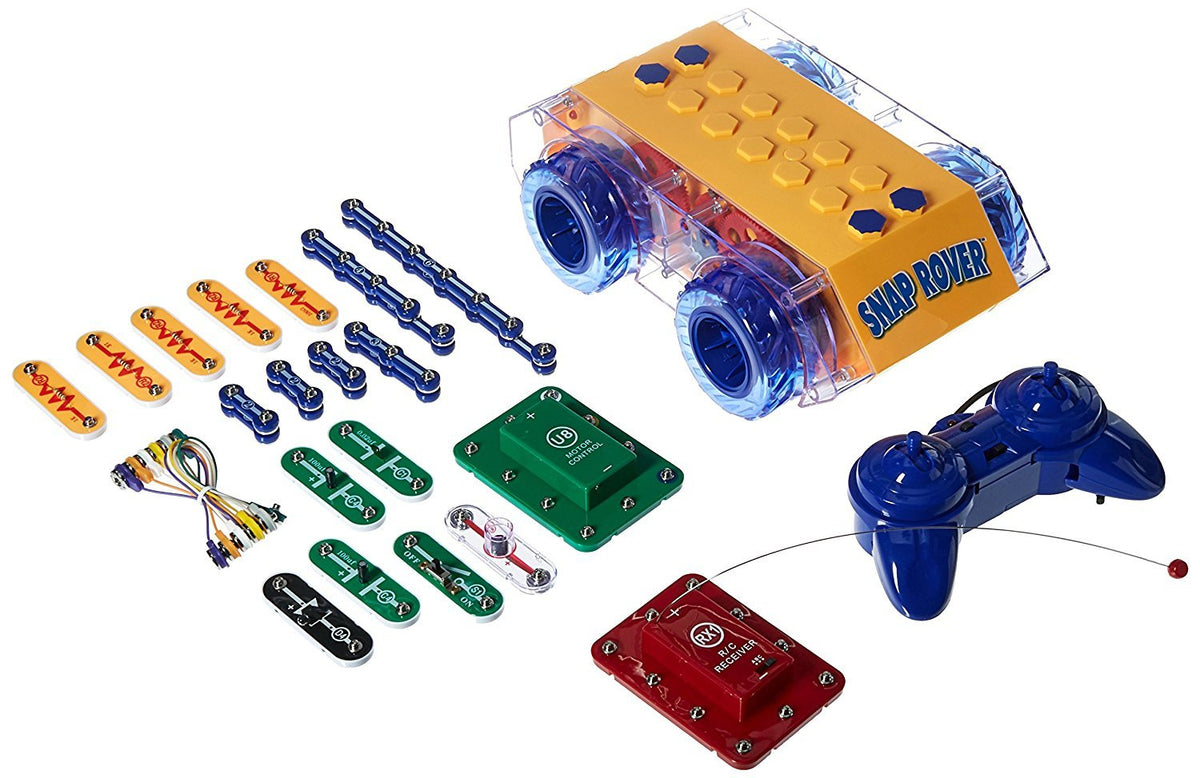 Snap Circuits RC Rover parts grid showing color-coded, snap-together components