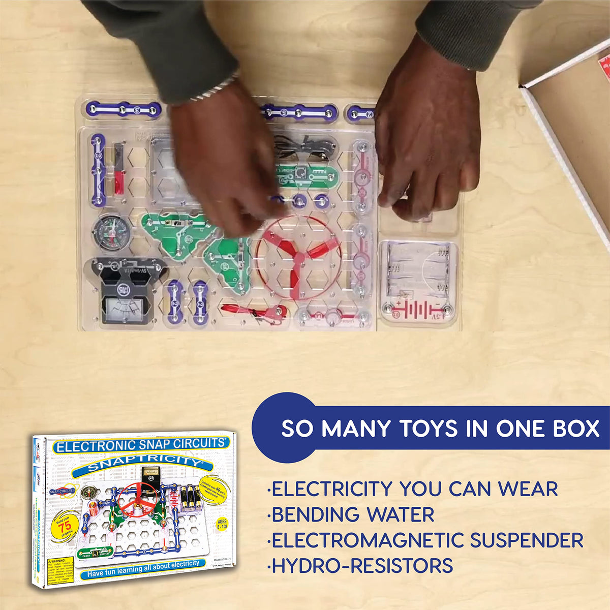 Snap Circuits Snaptricity parts laid out for safe, easy assembly.