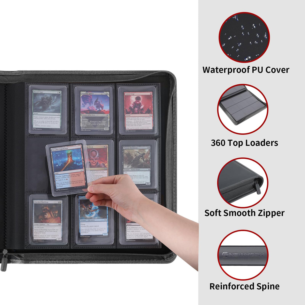 Snekdy top-loader binder holds 360 cards securely for quick access.